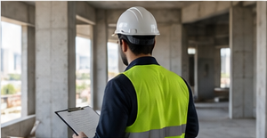 Inginer constructor verificând lucrările înainte de recepție