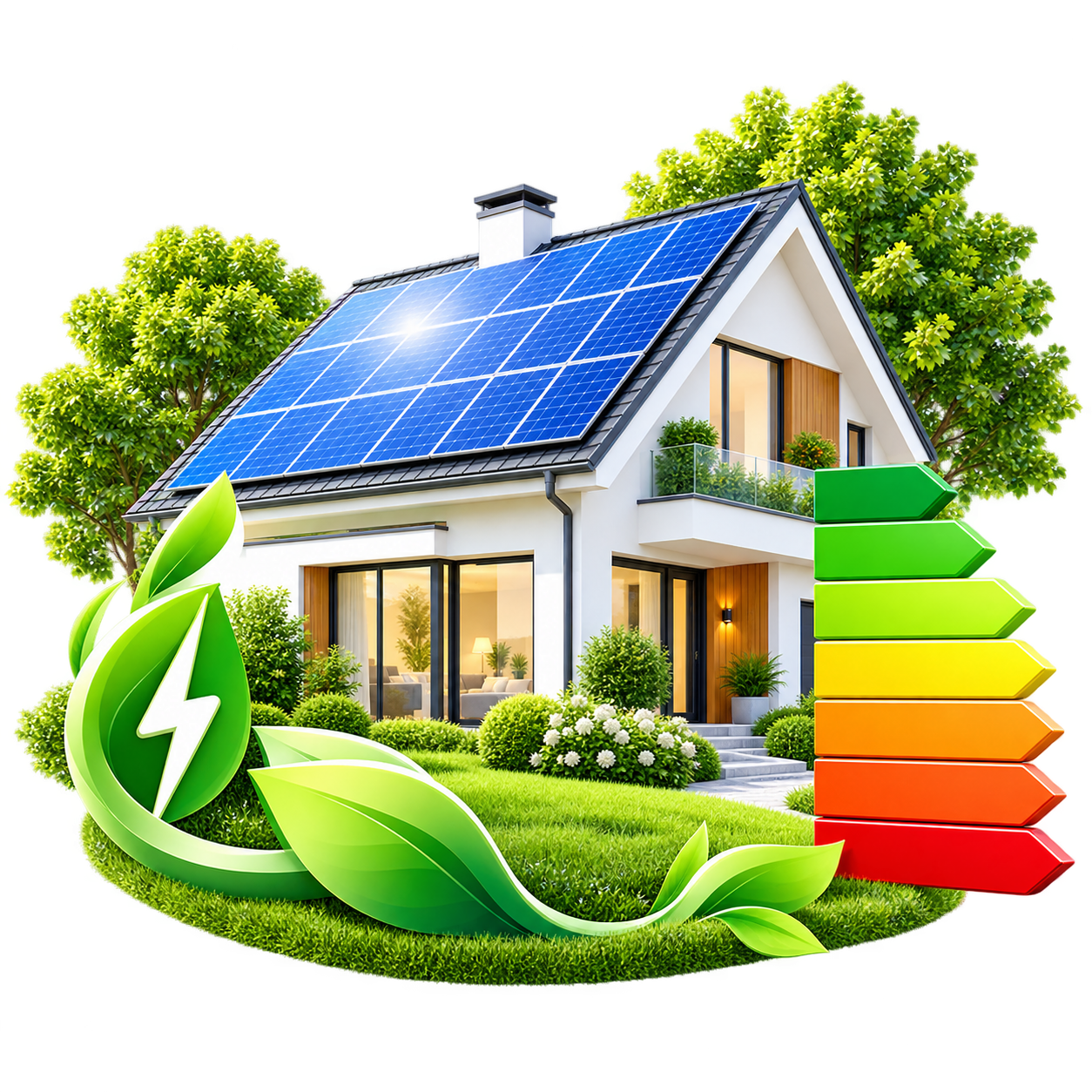 Casă cu panouri solare, vegetație, simbolul energiei verzi și scală energetică colorată